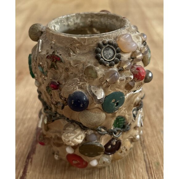 American Folk Art Decorative Memory Art Jar Vase Cup 4" H Handmade - Picture 3 of 4
